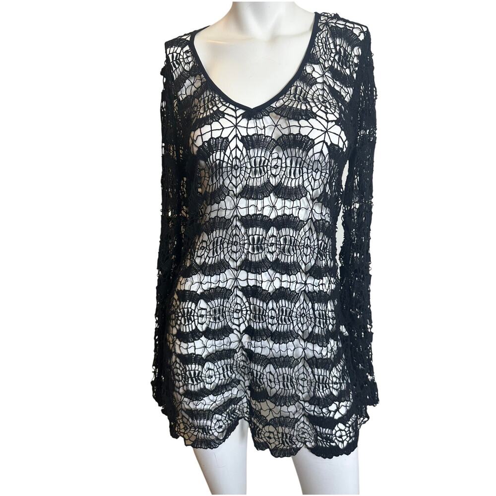 OndadeMar Black Crochet Cotton Swim Cover Up Tunic Beach Dress Large - Picture 2 of 9